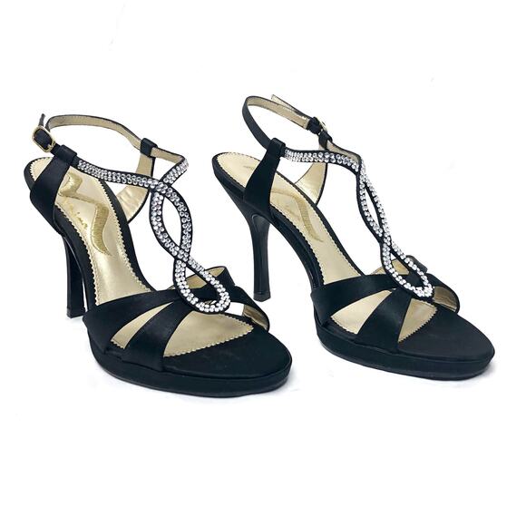Nina Stiletto Evening Heeled Sandal Gem Studded Snaking Straps Black 7 - Picture 1 of 9